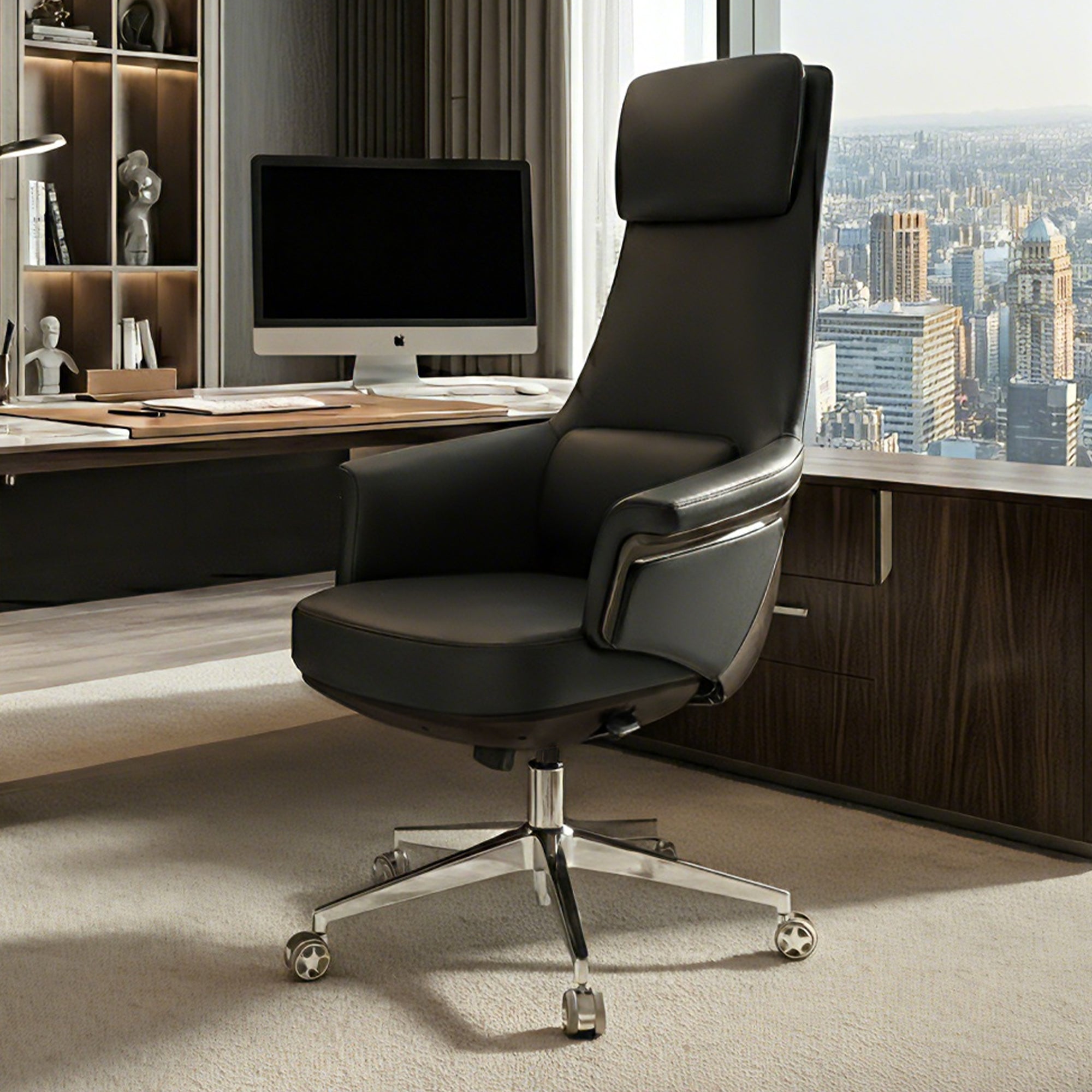 Genuine Leather Executive Office Chair - Leather & Metal Luxury