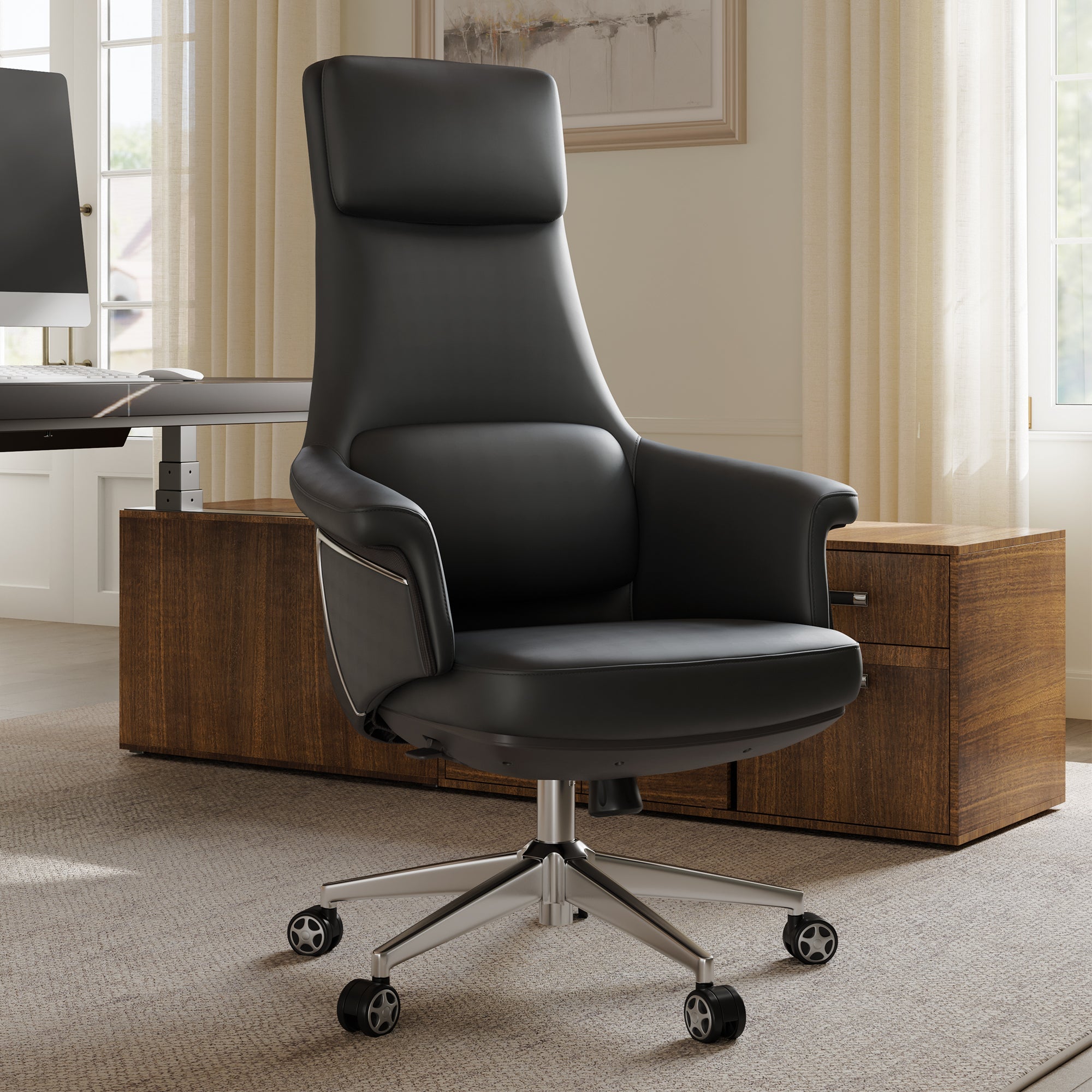 Genuine Leather Executive Office Chair - Leather & Metal Luxury