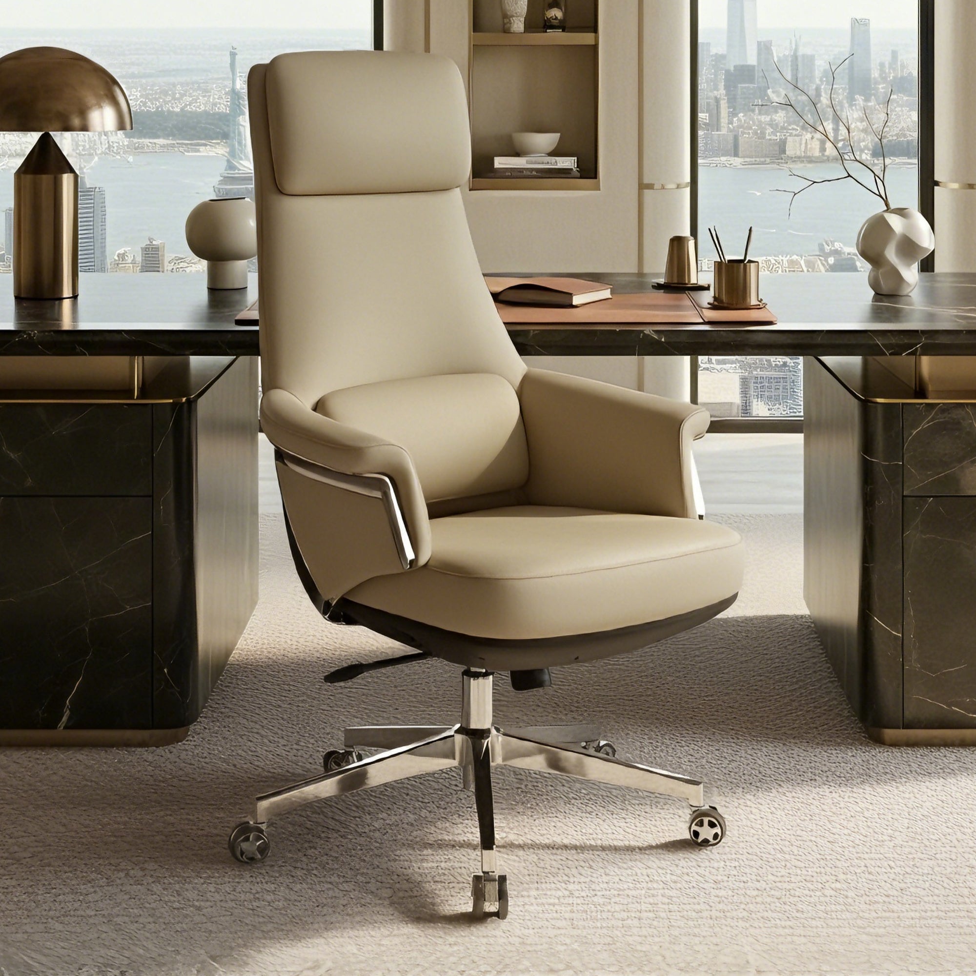 Genuine Leather Executive Office Chair - Leather & Metal Luxury