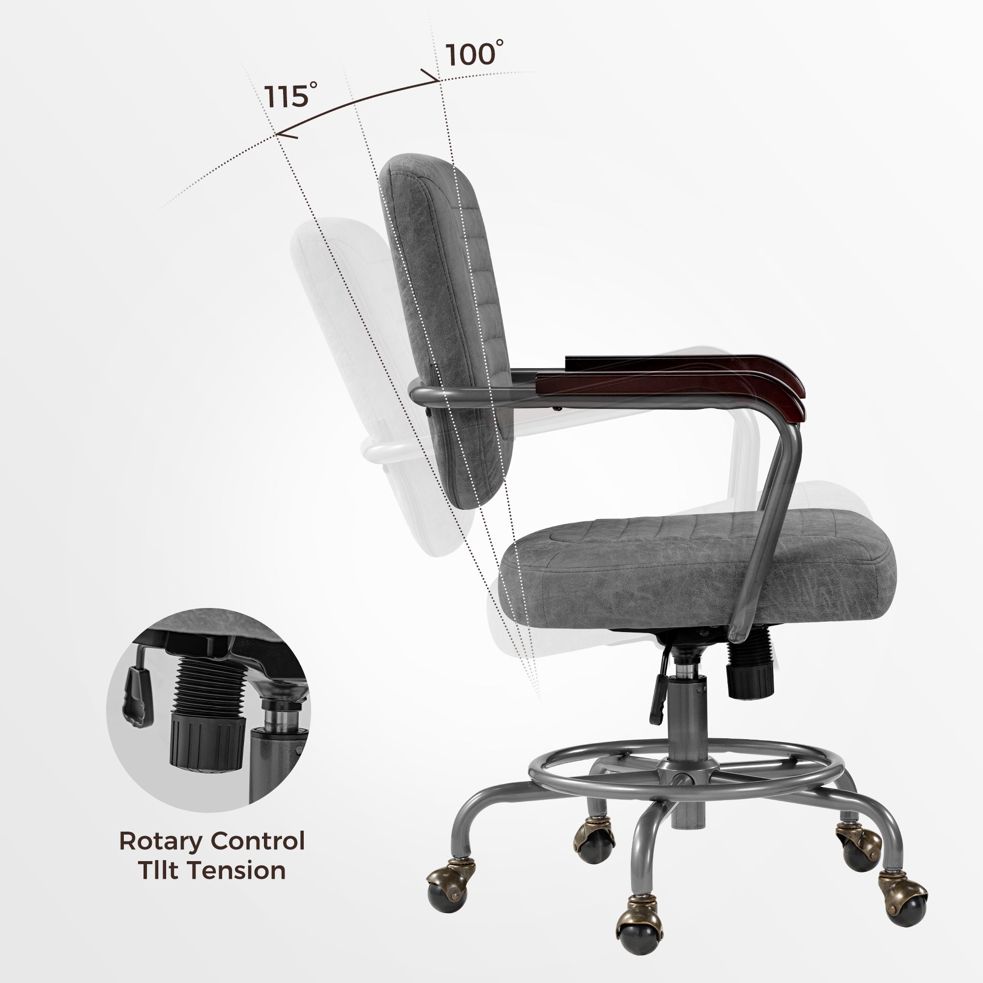 Retro PU Leather Task Office Chair - Solid Wood Arms