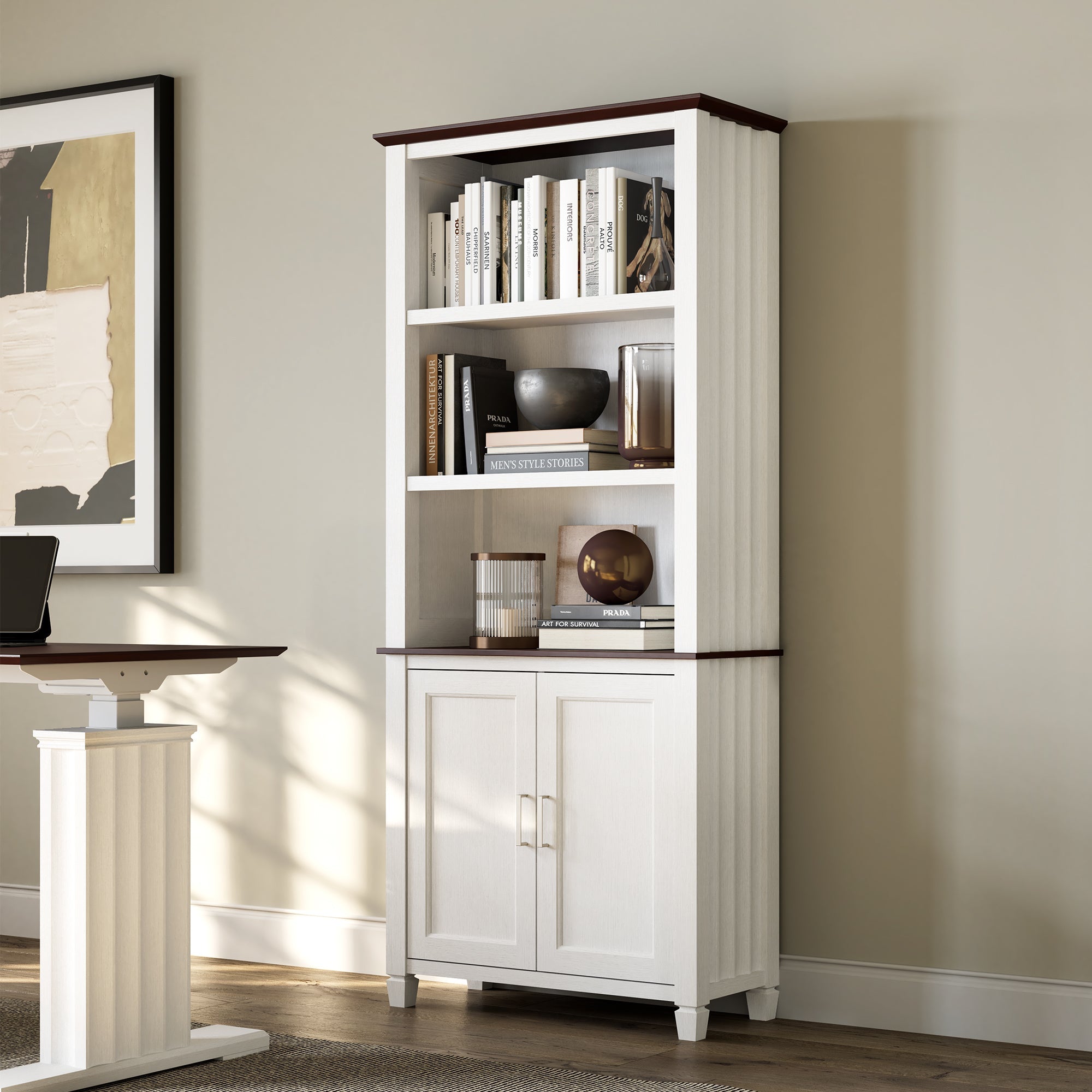 71'' Display Bookshelf with Storage Cabinet, Wave Pattern, White