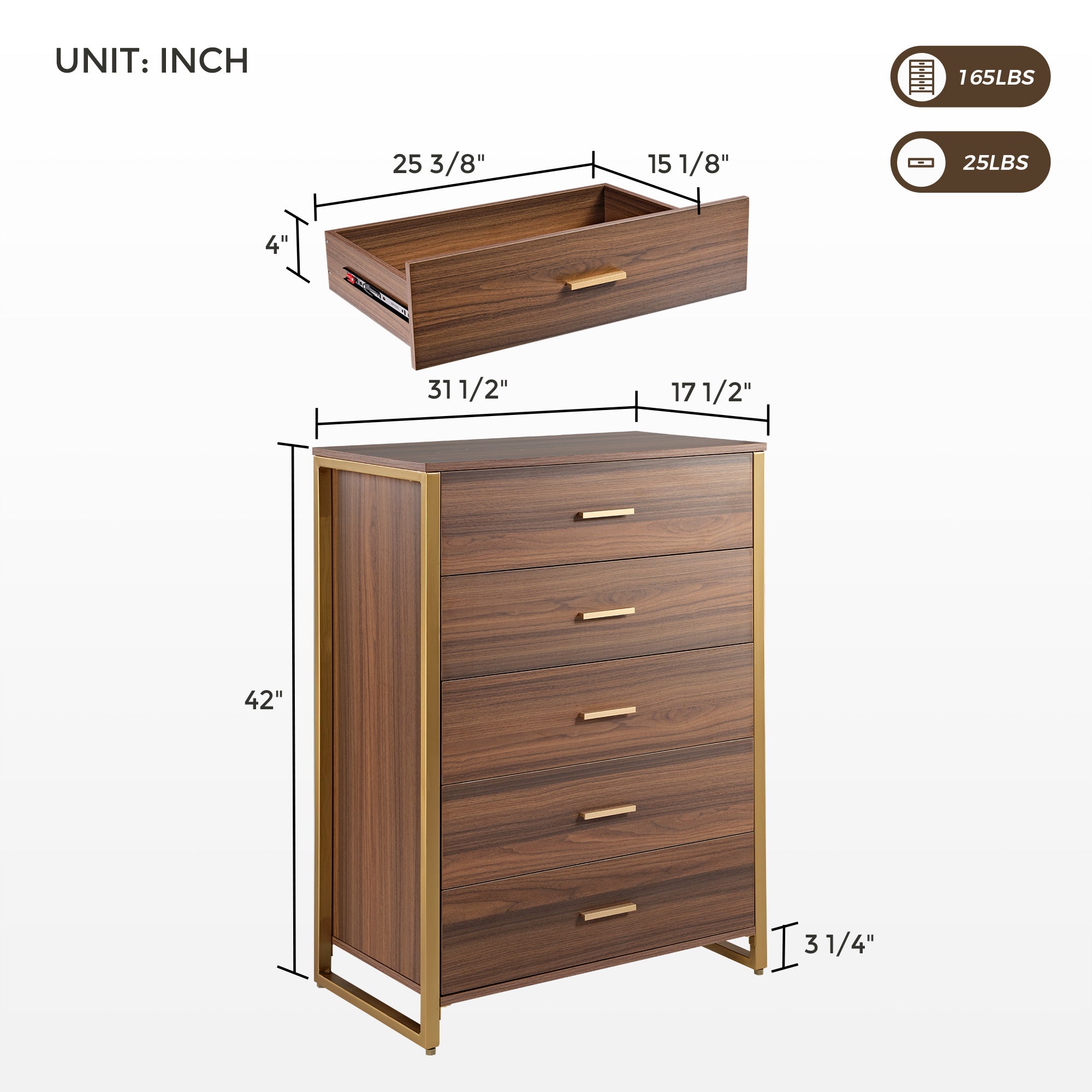 42 Chest 5-Drawers Dresser Accent Cabinet Walnut