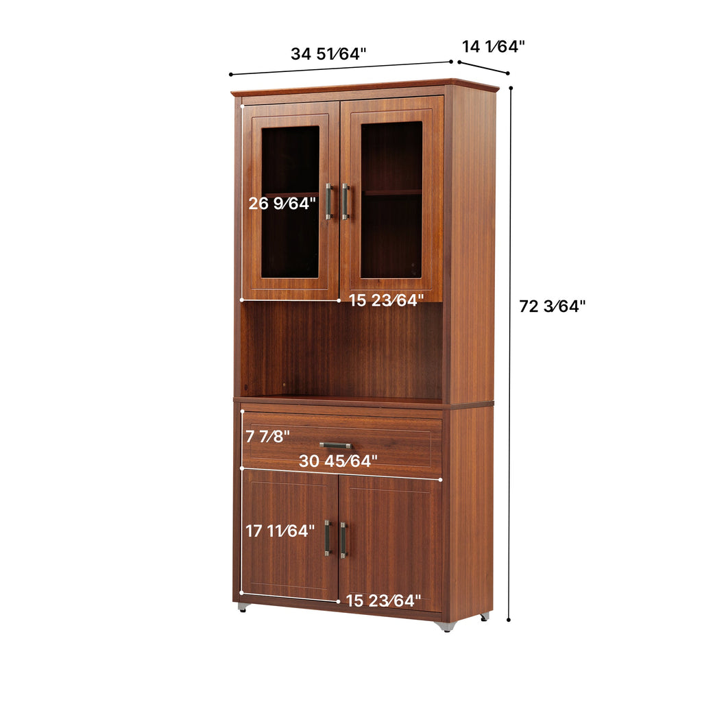 72'' Storage Bookcase with Glass Doors, Drawers and Shelves, Walnut