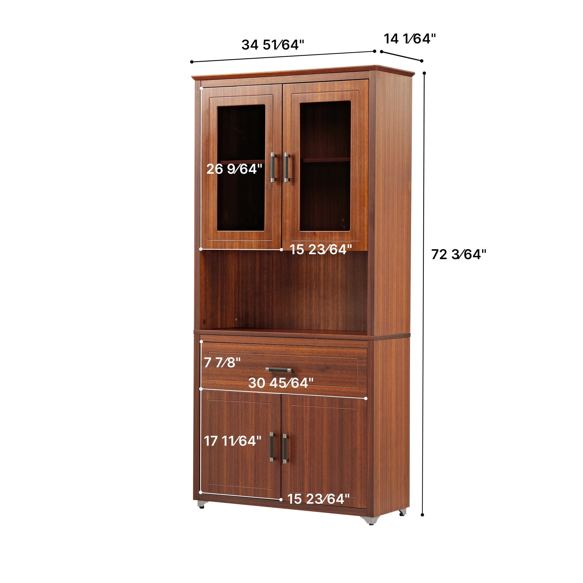 72'' Storage Bookcase with Glass Doors, Drawers and Shelves, Walnut