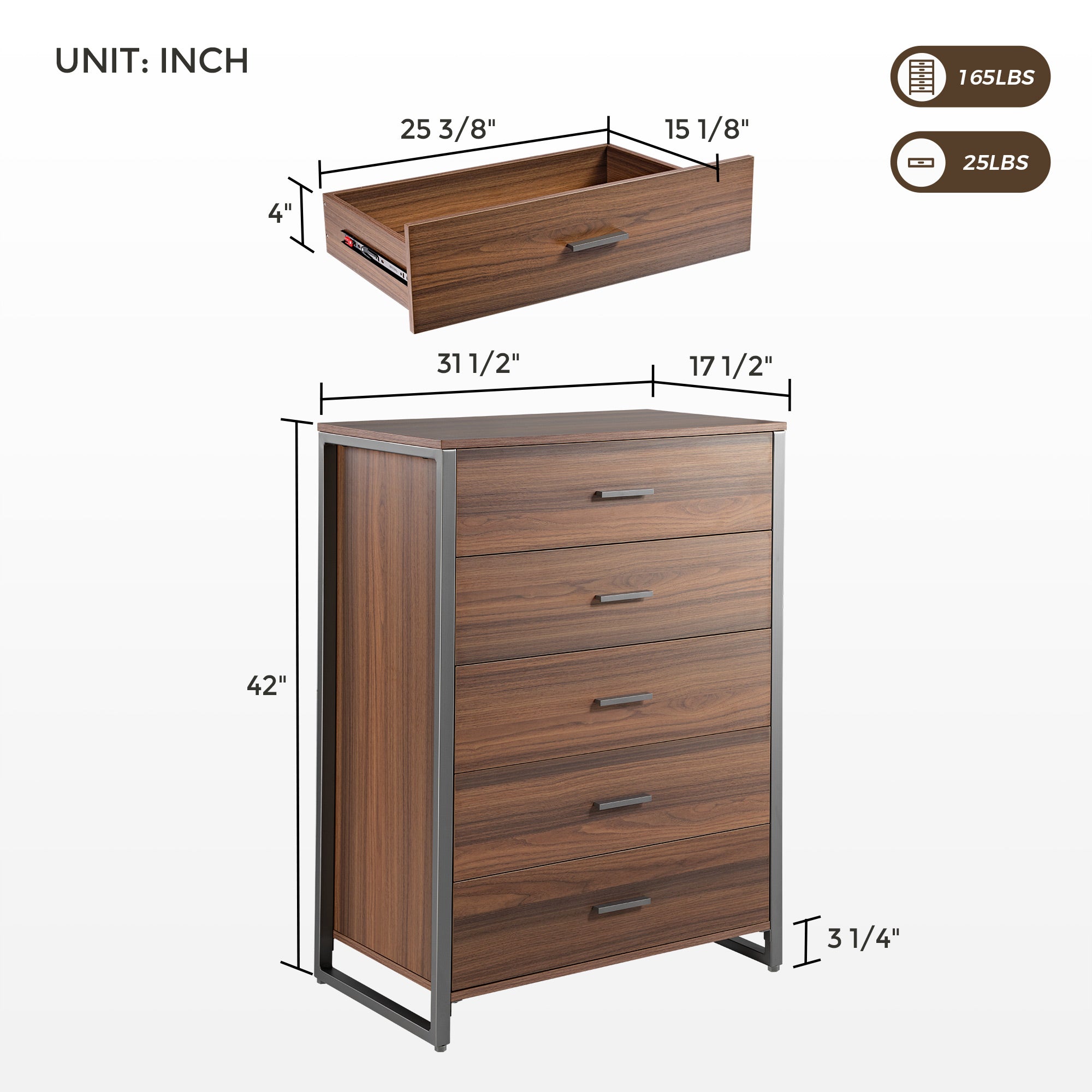 42 Chest 5-Drawers Dresser Accent Cabinet Walnut