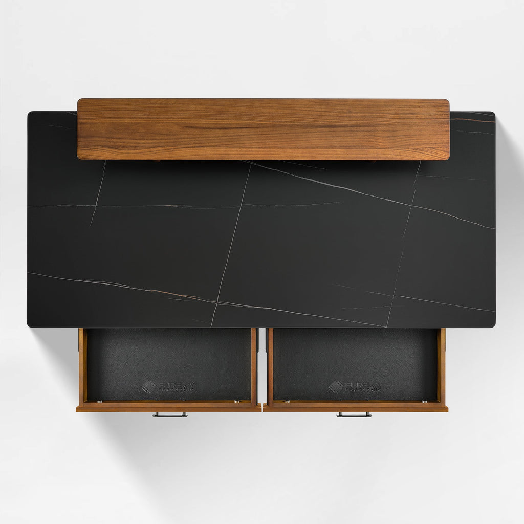 63x29 Executive Height Adjustable Standing Desk with Walnut Desktop and Drawers