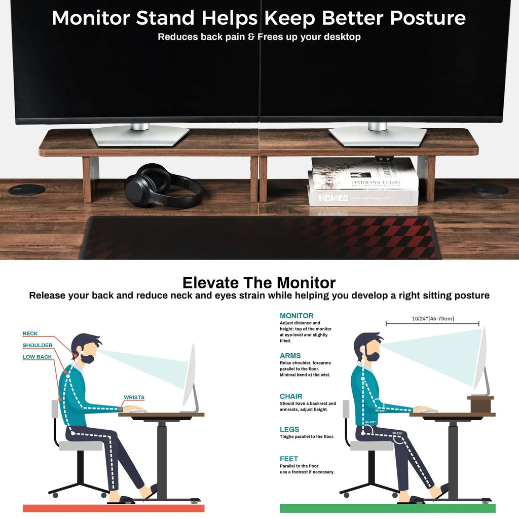 63x29 Walnut Height Adjustable Standing Desk with RGB Monitor Stand