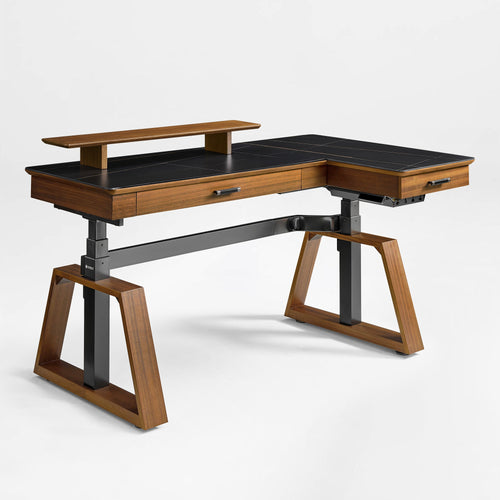 63x23 L-Shaped Height Adjustable Executive Desk, Black and Gold Sintered Stone