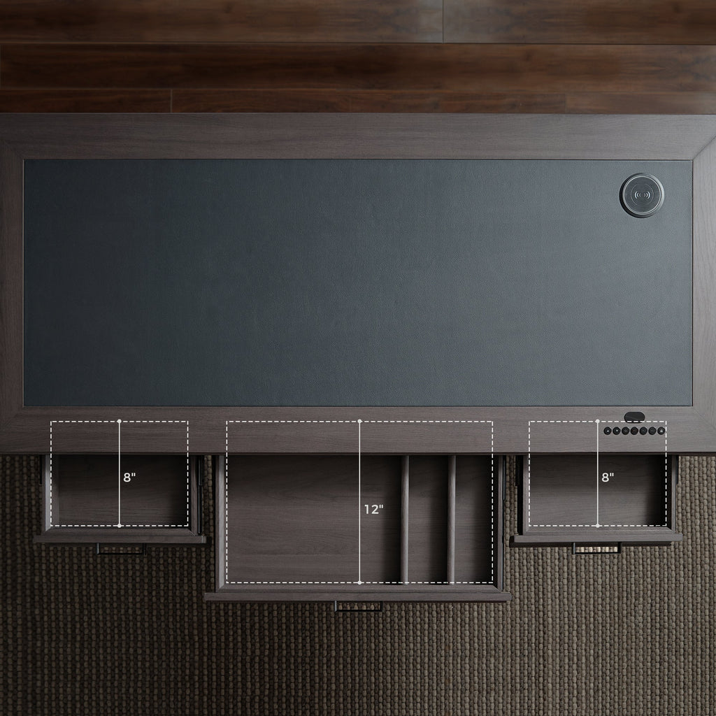 60x26 Height Adjustable Executive Standing Desk, Oak and Black Leather