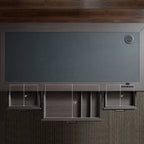 60x26 Height Adjustable Executive Standing Desk, Oak and Black Leather