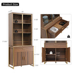 77'' Display Bookshelf with Glass Door and Storage Cabinets, Walnut