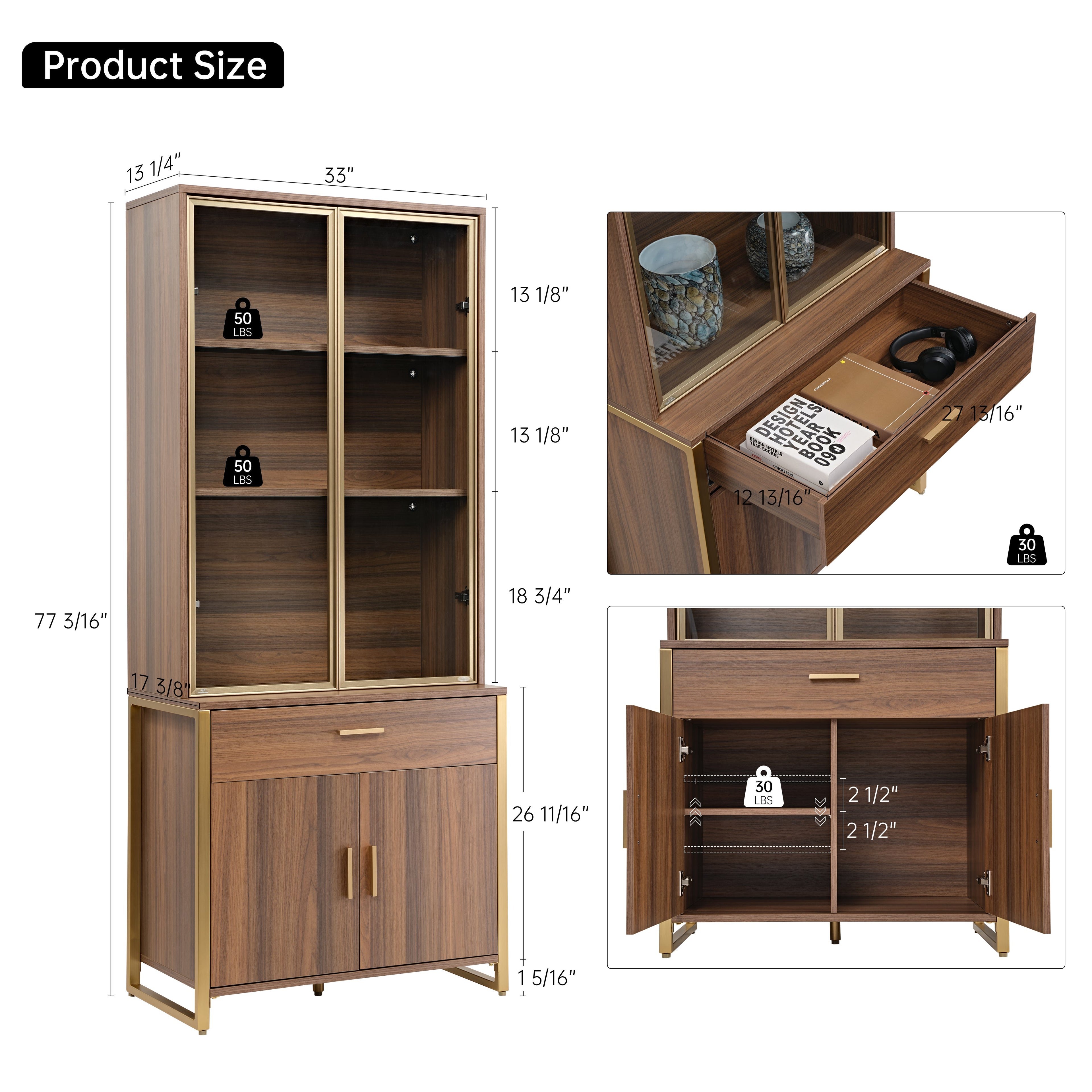 77'' Display Bookshelf with Glass Door and Storage Cabinets, Walnut