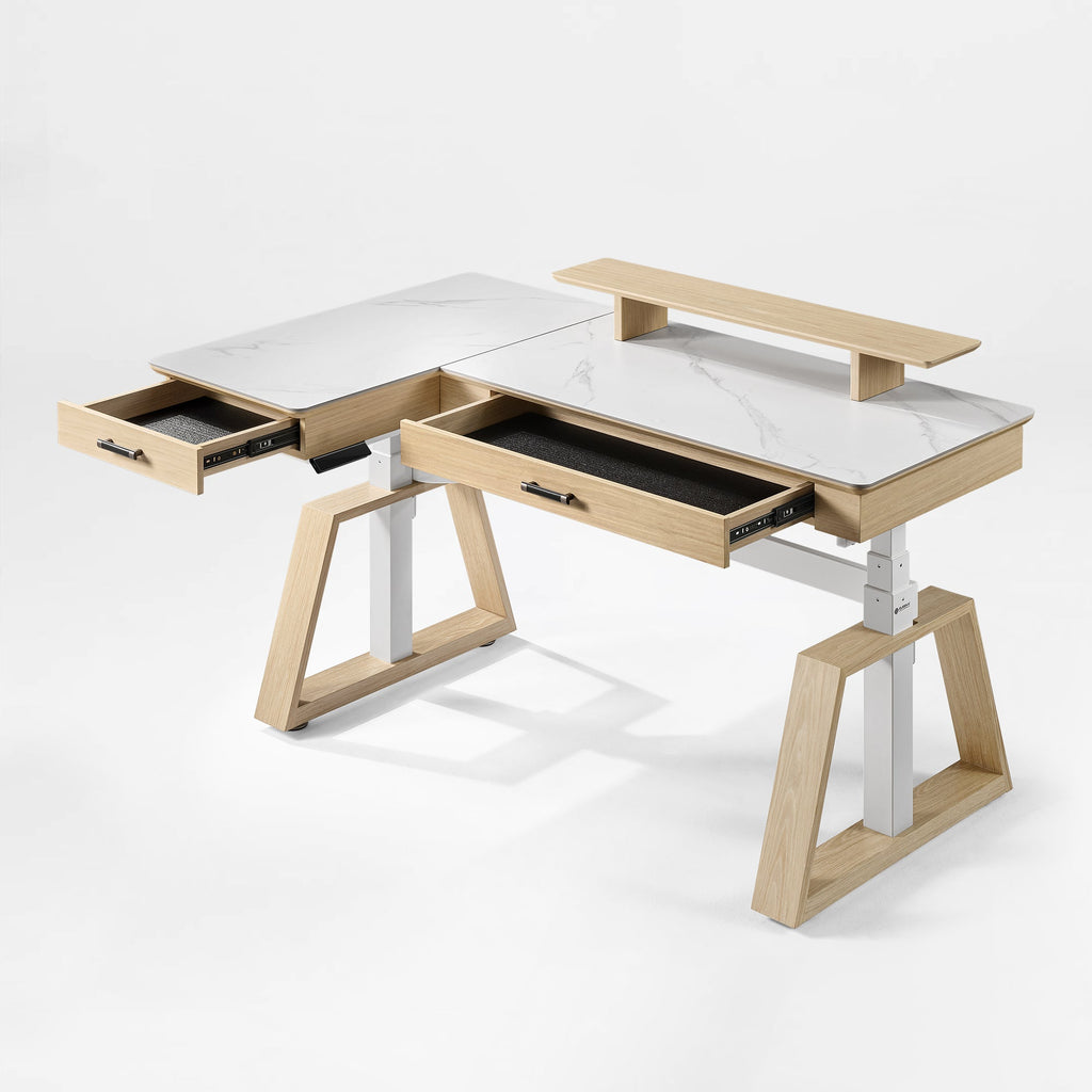 63x23 L-Shaped Height Adjustable Executive Desk, Black and Gold Sintered Stone