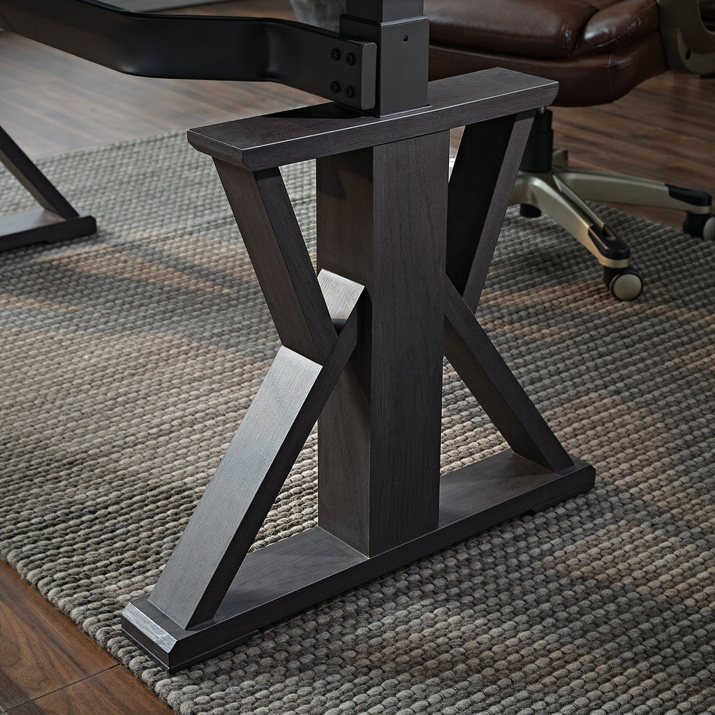 60x26 Height Adjustable Executive Standing Desk, Oak and Black Leather