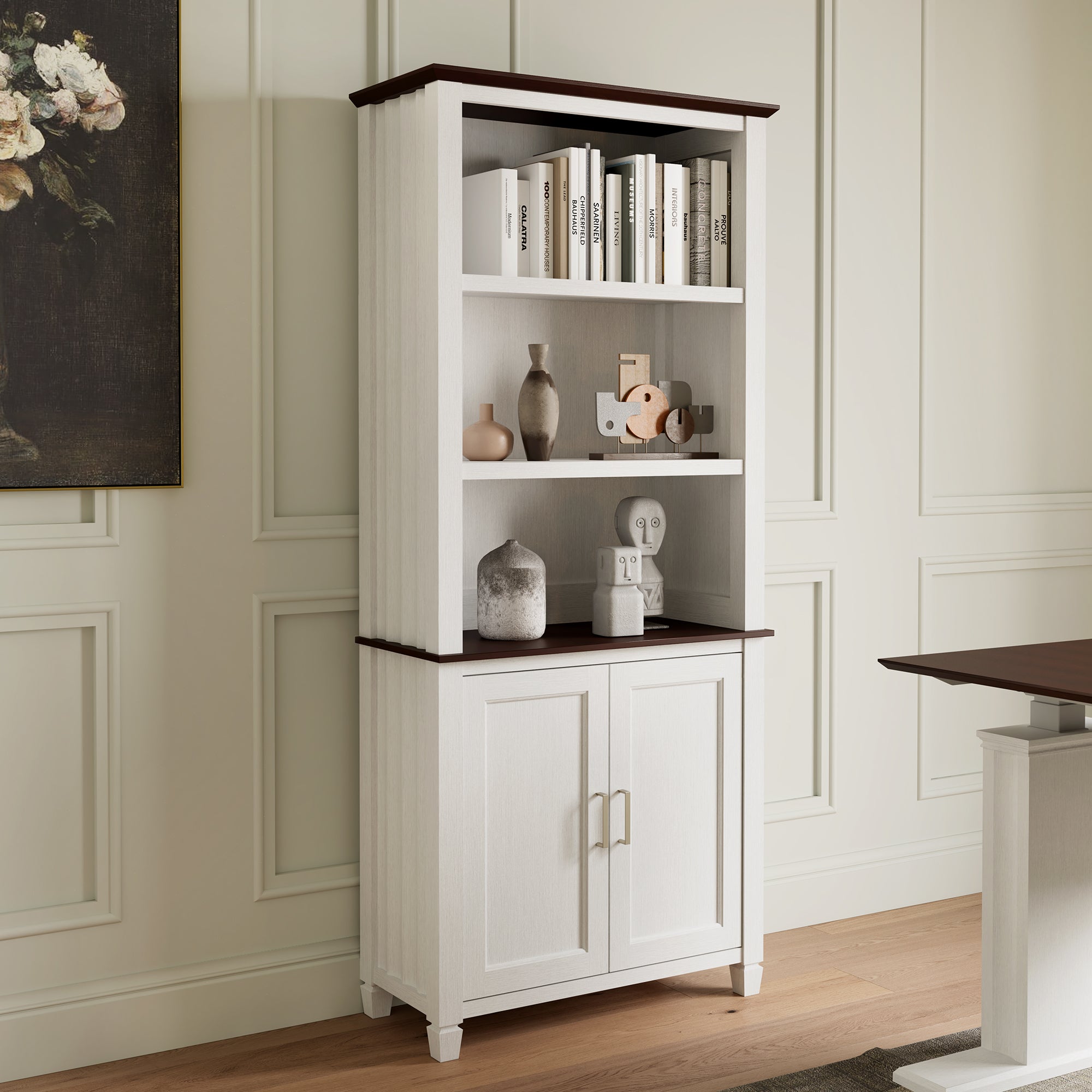 71'' Display Bookshelf with Storage Cabinet, Wave Pattern, White