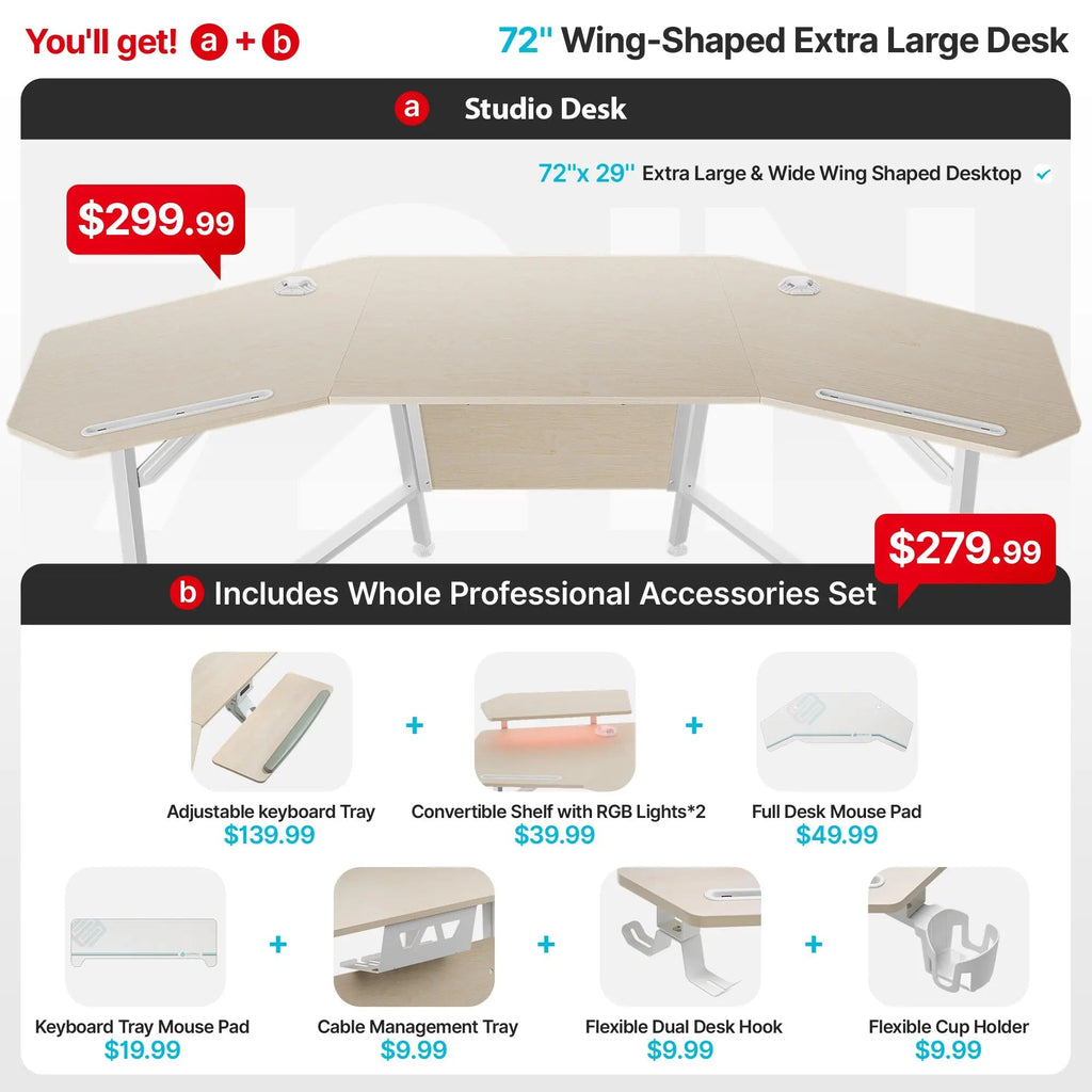 Wing-Shaped Studio Desk (73x23)
