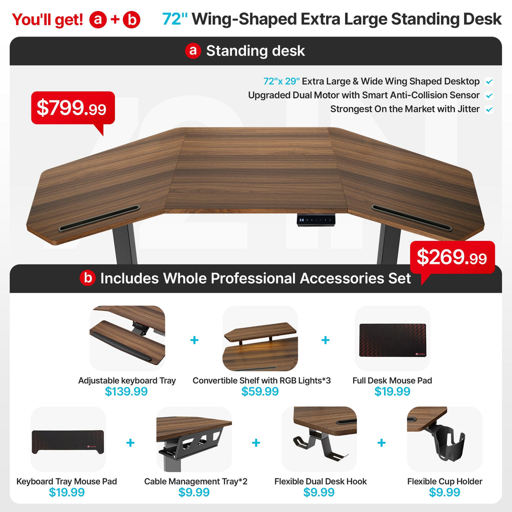Wing-Shaped Standing Desk (72x23)