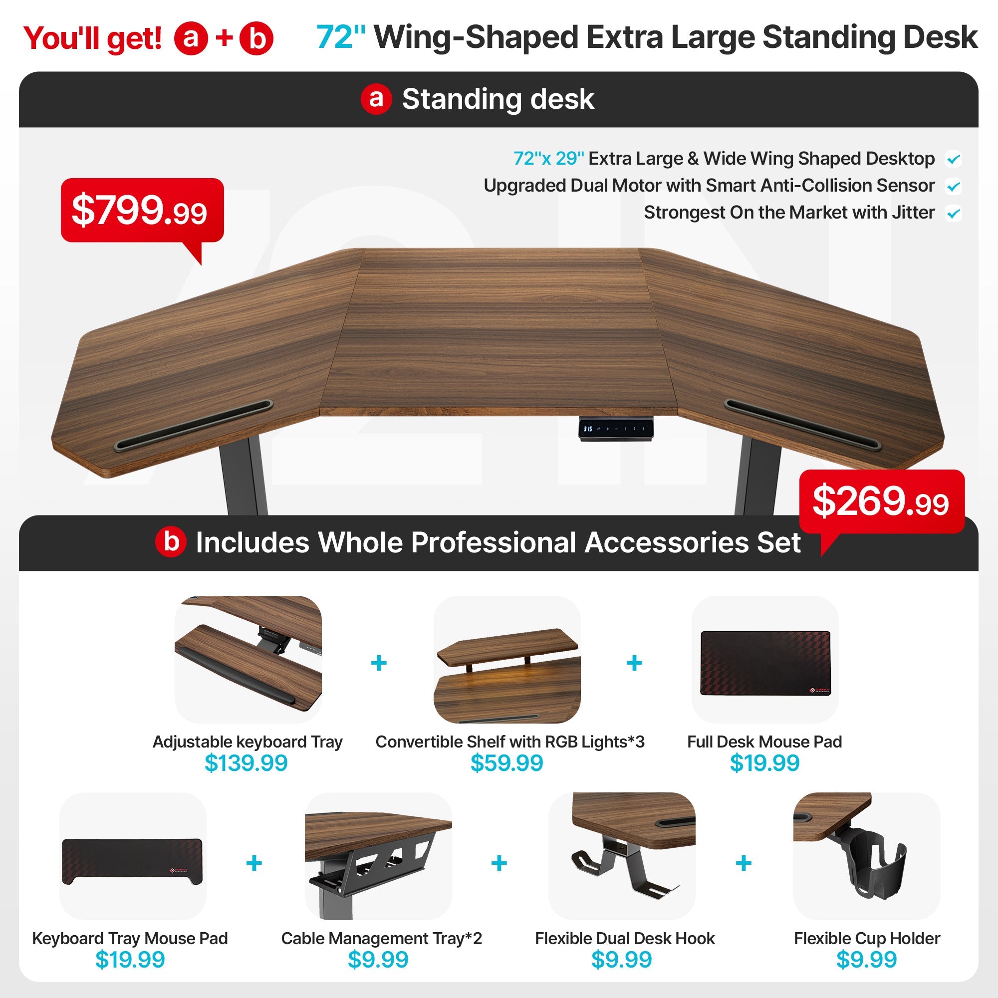 Wing-Shaped Standing Desk (72x23)
