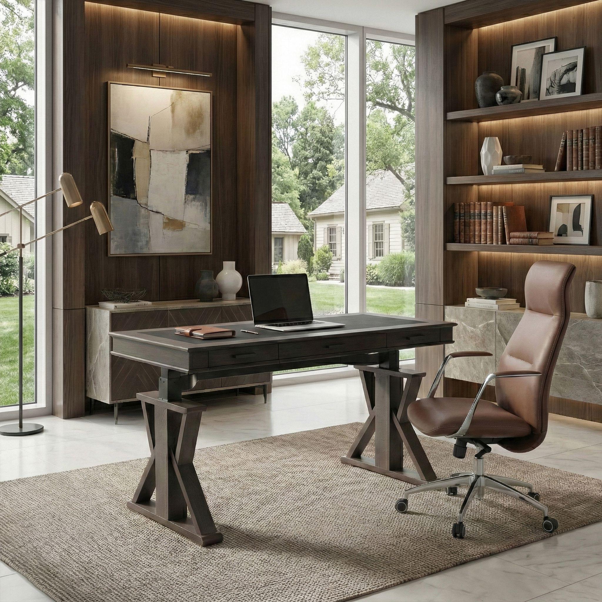60x26 Height Adjustable Executive Standing Desk, Oak and Black Leather