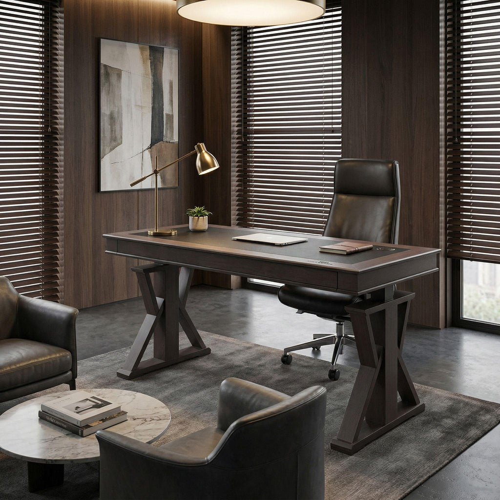 60x26 Height Adjustable Executive Standing Desk, Oak and Black Leather