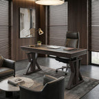 60x26 Height Adjustable Executive Standing Desk, Oak and Black Leather