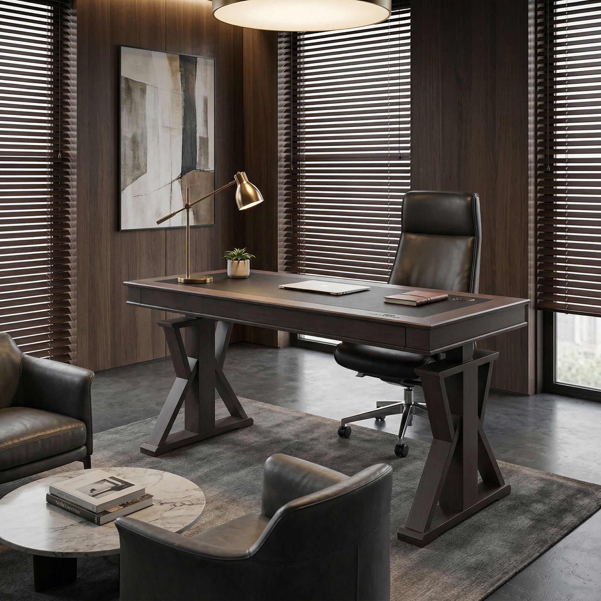 60x26 Height Adjustable Executive Standing Desk, Oak and Black Leather