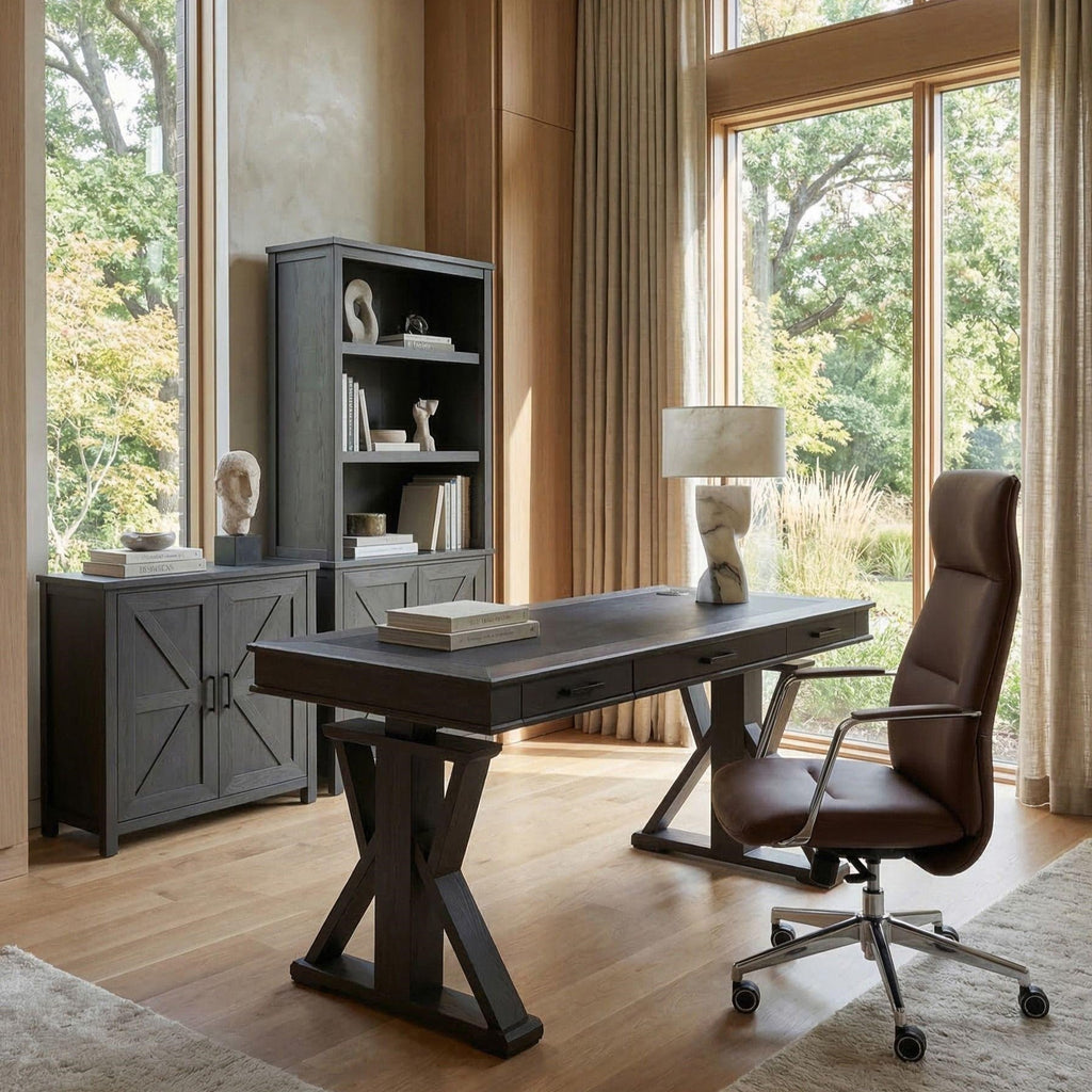60x26 Height Adjustable Executive Standing Desk, Oak and Black Leather