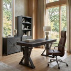 60x26 Height Adjustable Executive Standing Desk, Oak and Black Leather