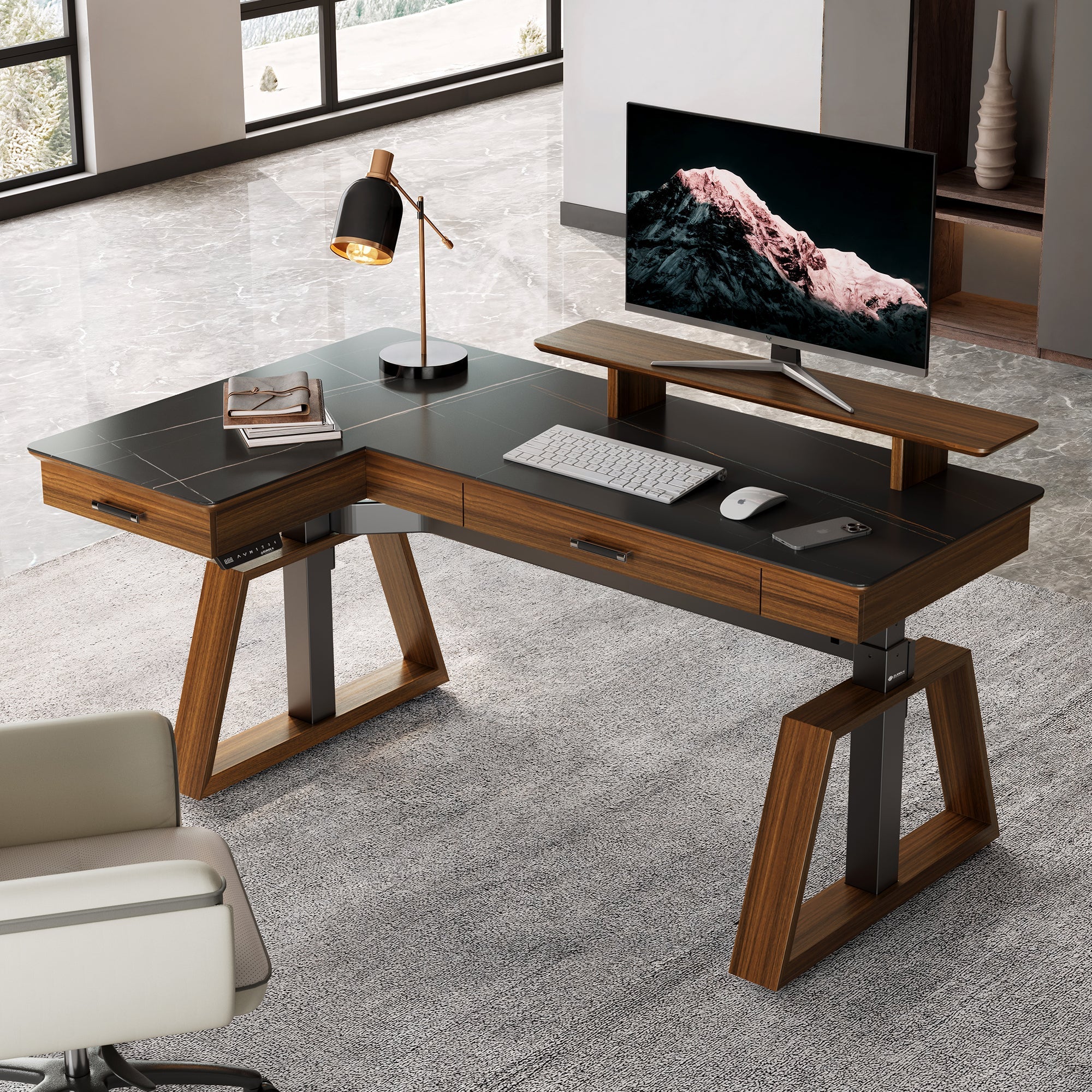 63x23 L-Shaped Height Adjustable Executive Desk, Black and Gold Sintered Stone