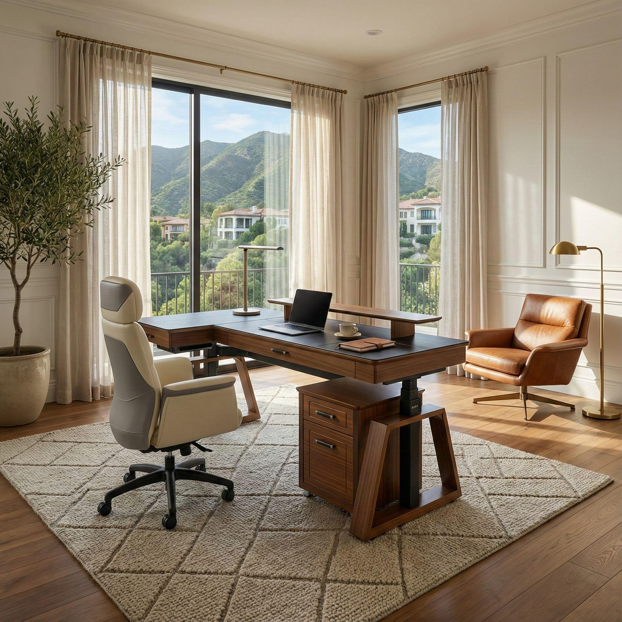 63x23 L-Shaped Height Adjustable Executive Desk, Black and Gold Sintered Stone