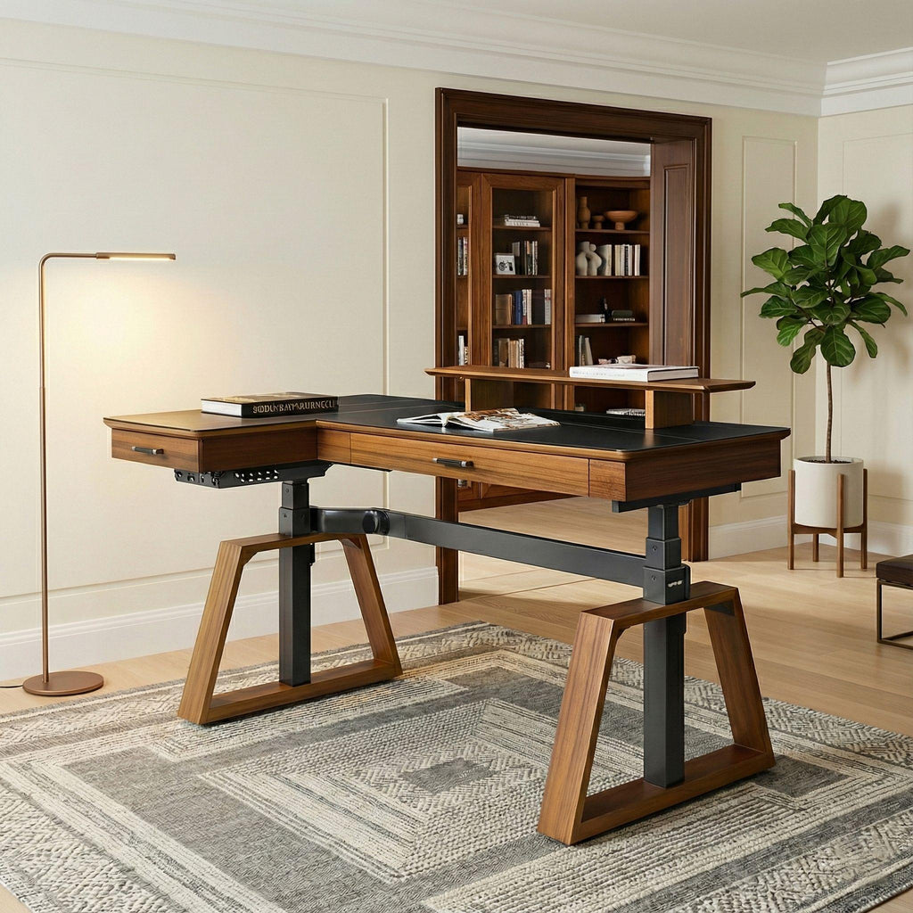 63x23 L-Shaped Height Adjustable Executive Desk, Black and Gold Sintered Stone