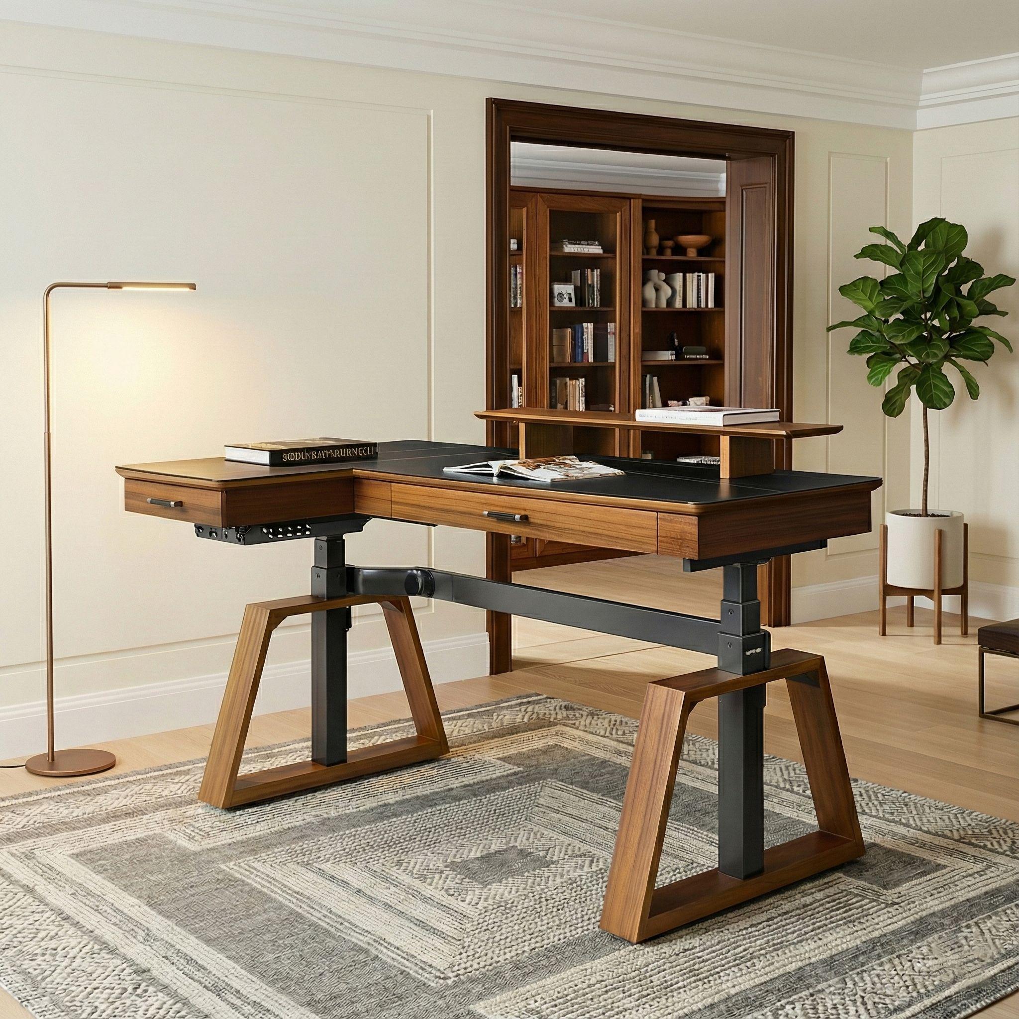 63x23 L-Shaped Height Adjustable Executive Desk, Black and Gold Sintered Stone