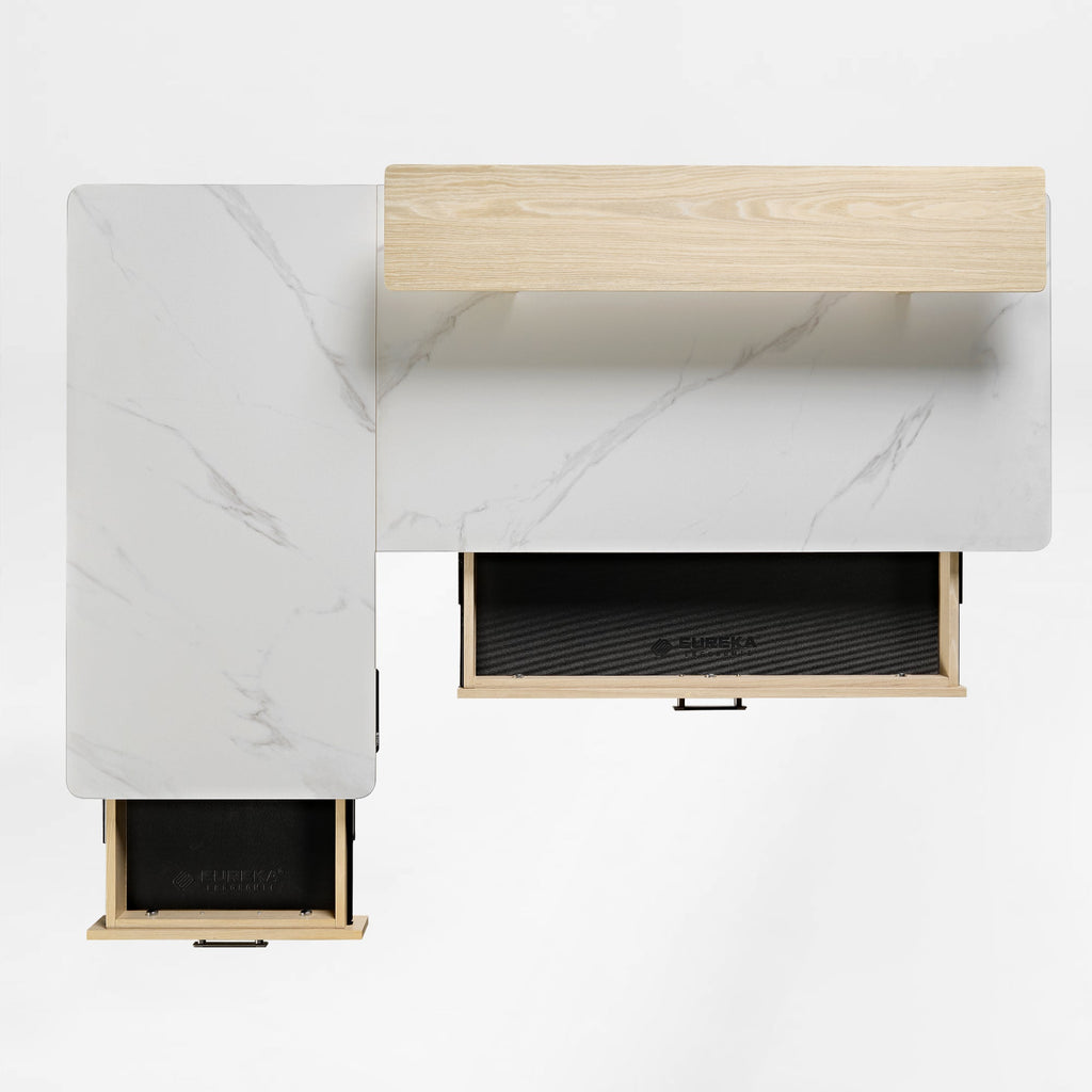 63x23 L-Shaped Height Adjustable Executive Desk, Black and Gold Sintered Stone