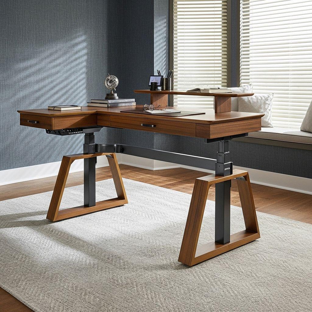 63x23 L-Shaped Height Adjustable Executive Desk, Handcrafted Walnut