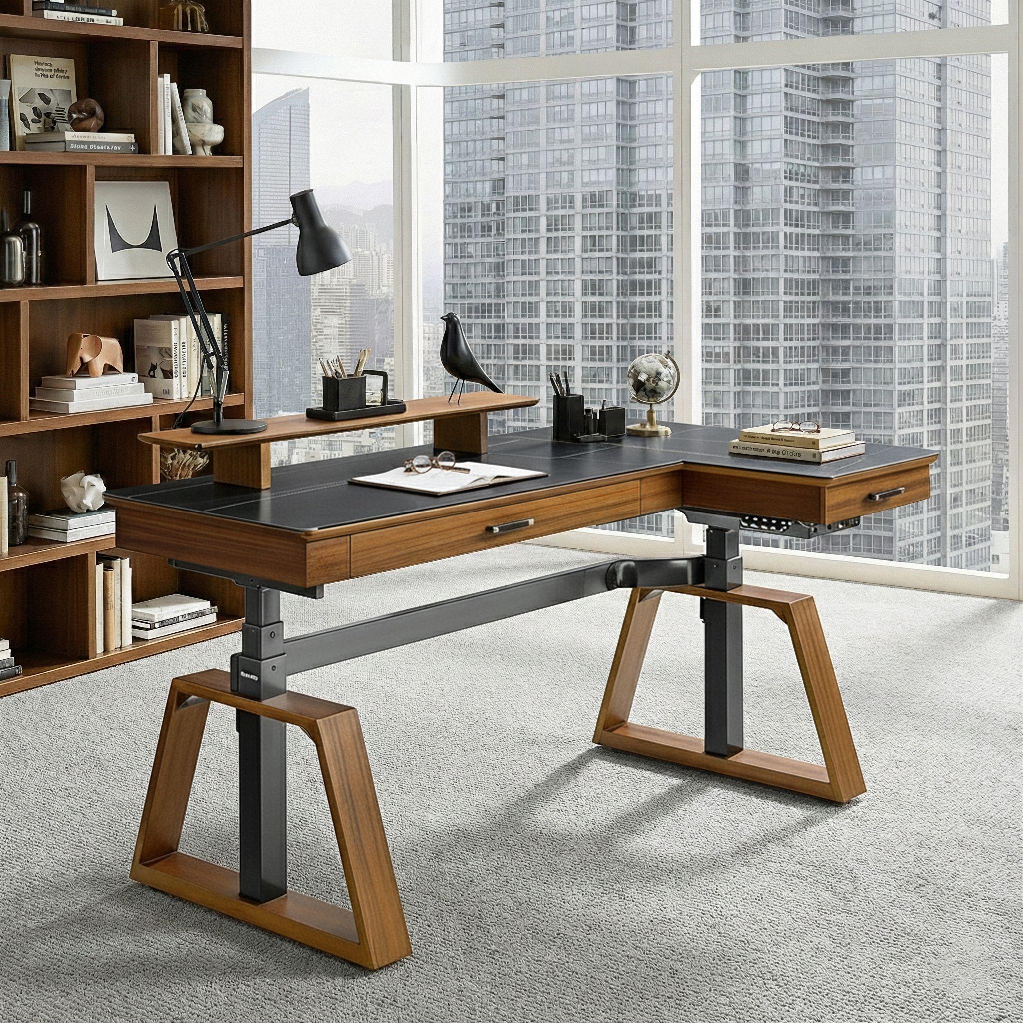 63x23 L-Shaped Height Adjustable Executive Desk, Black and Gold Sintered Stone