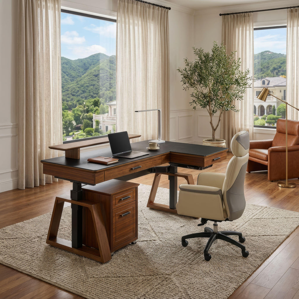 63x23 L-Shaped Height Adjustable Executive Desk, Black and Gold Sintered Stone