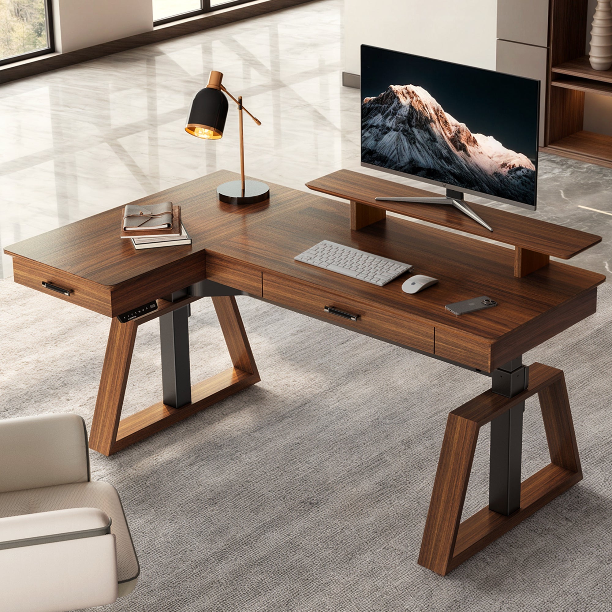 63x23 L-Shaped Height Adjustable Executive Desk, Handcrafted Walnut