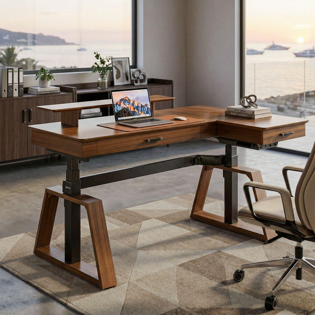 63x23 L-Shaped Height Adjustable Executive Desk, Handcrafted Walnut