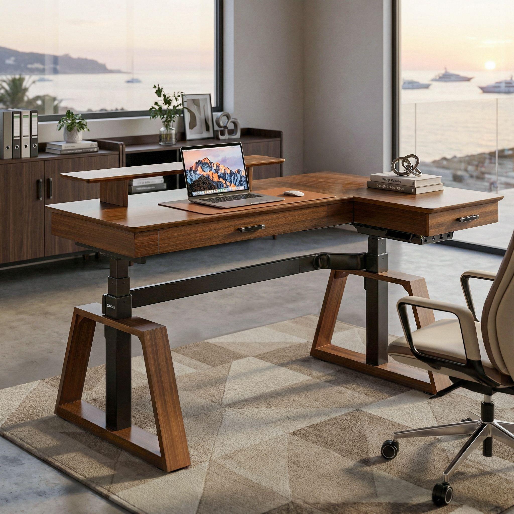 63x23 L-Shaped Height Adjustable Executive Desk, Handcrafted Walnut