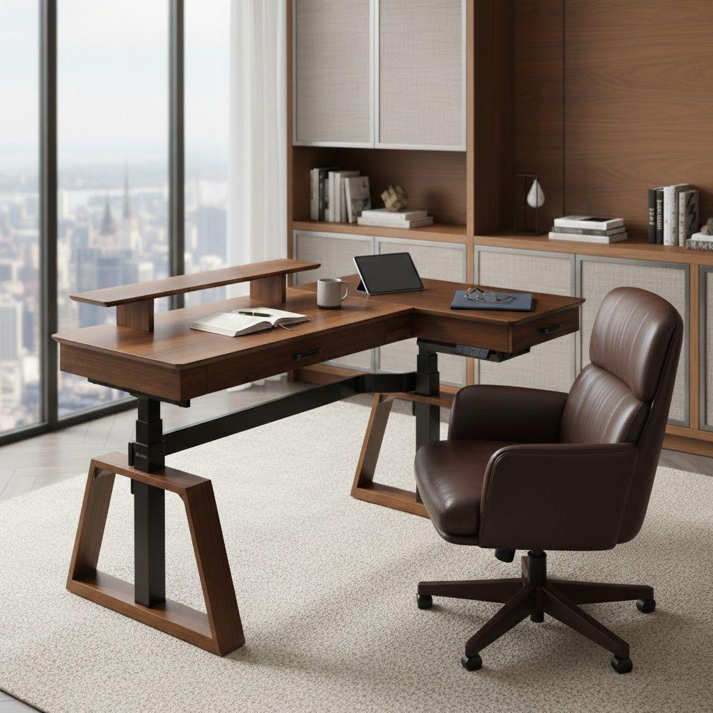 63x23 L-Shaped Height Adjustable Executive Desk, Handcrafted Walnut
