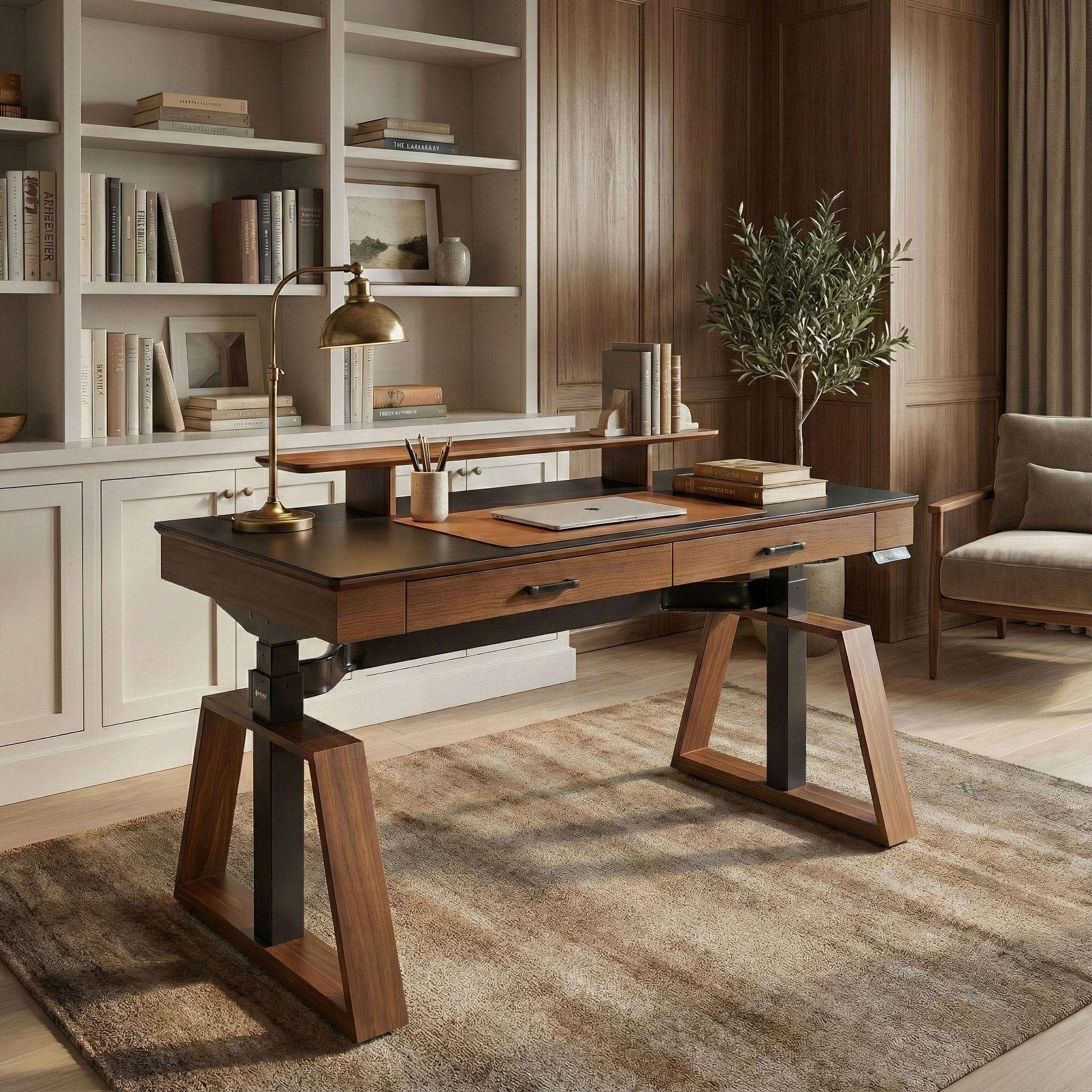 63x29 Executive Height Adjustable Standing Desk with Walnut Desktop and Drawers