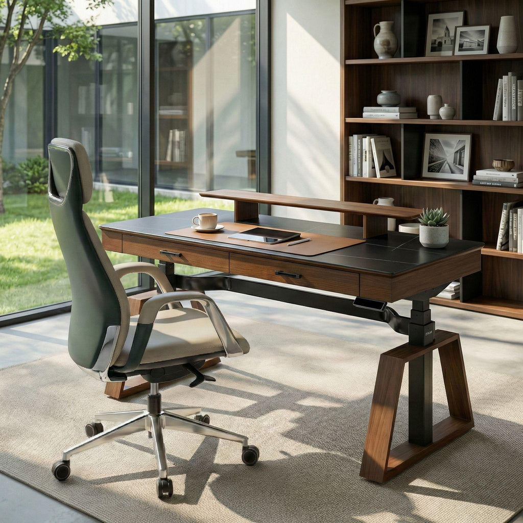 63x29 Executive Height Adjustable Standing Desk with Walnut Desktop and Drawers