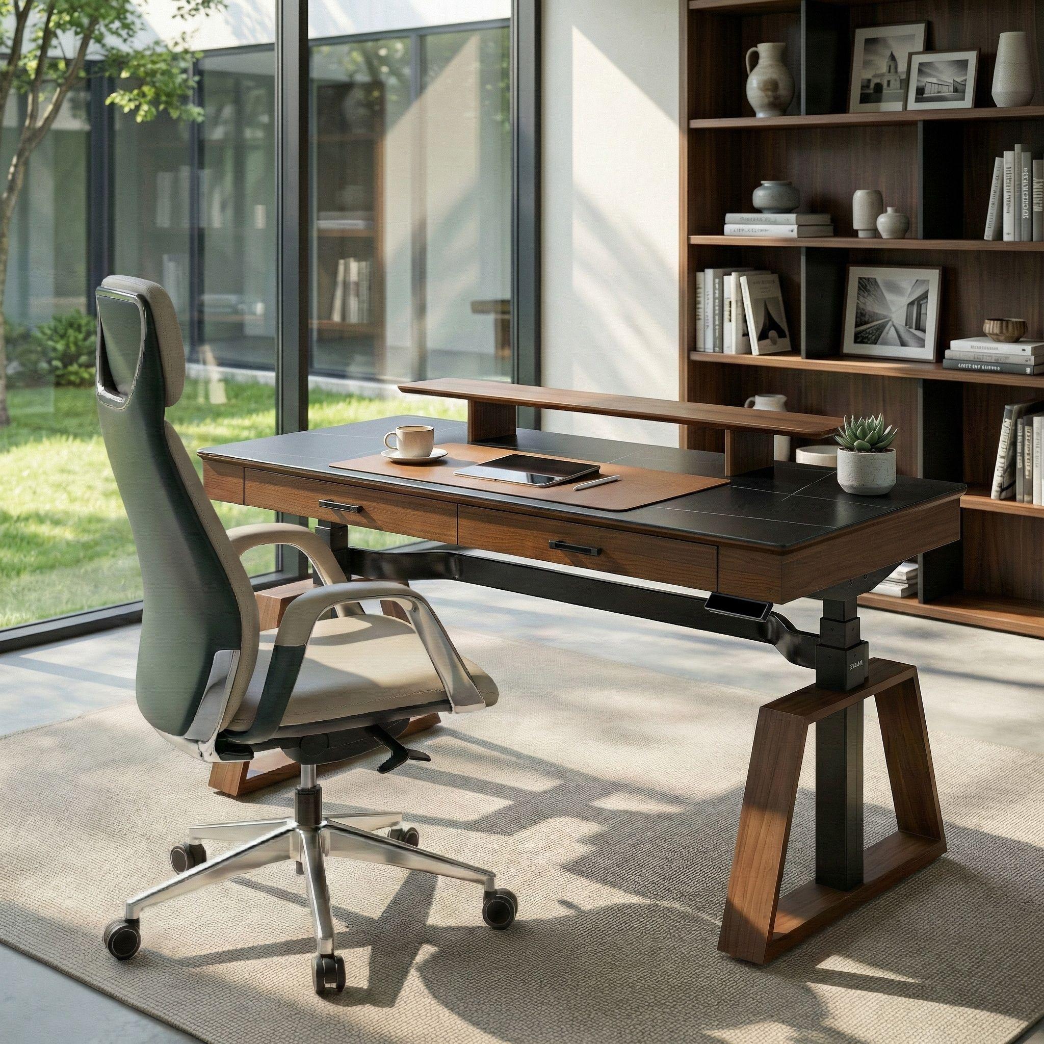 63x29 Executive Height Adjustable Standing Desk with Walnut Desktop and Drawers