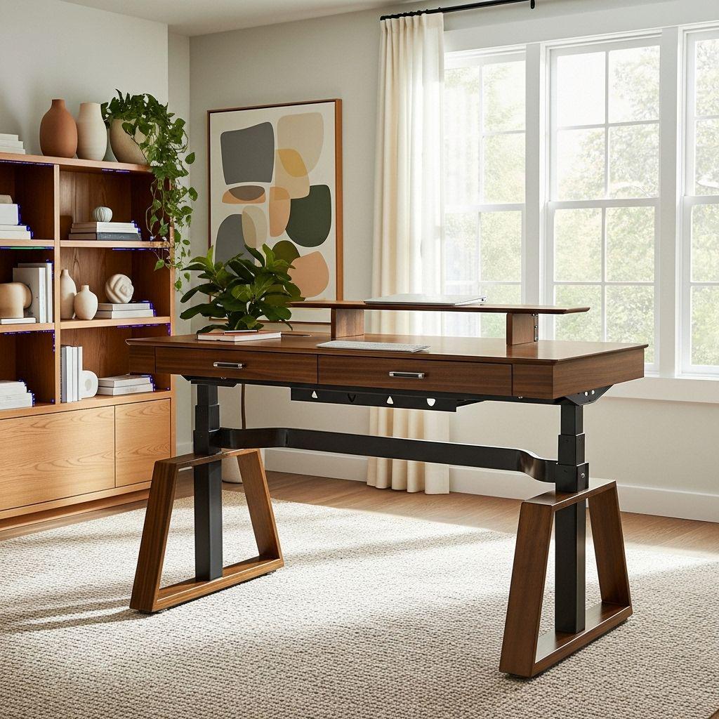 63x29 Executive Height Adjustable Standing Desk with Walnut Desktop and Drawers