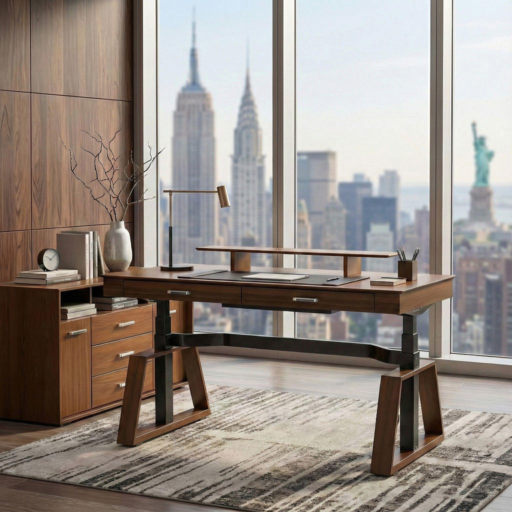 63x29 Executive Height Adjustable Standing Desk with Walnut Desktop and Drawers