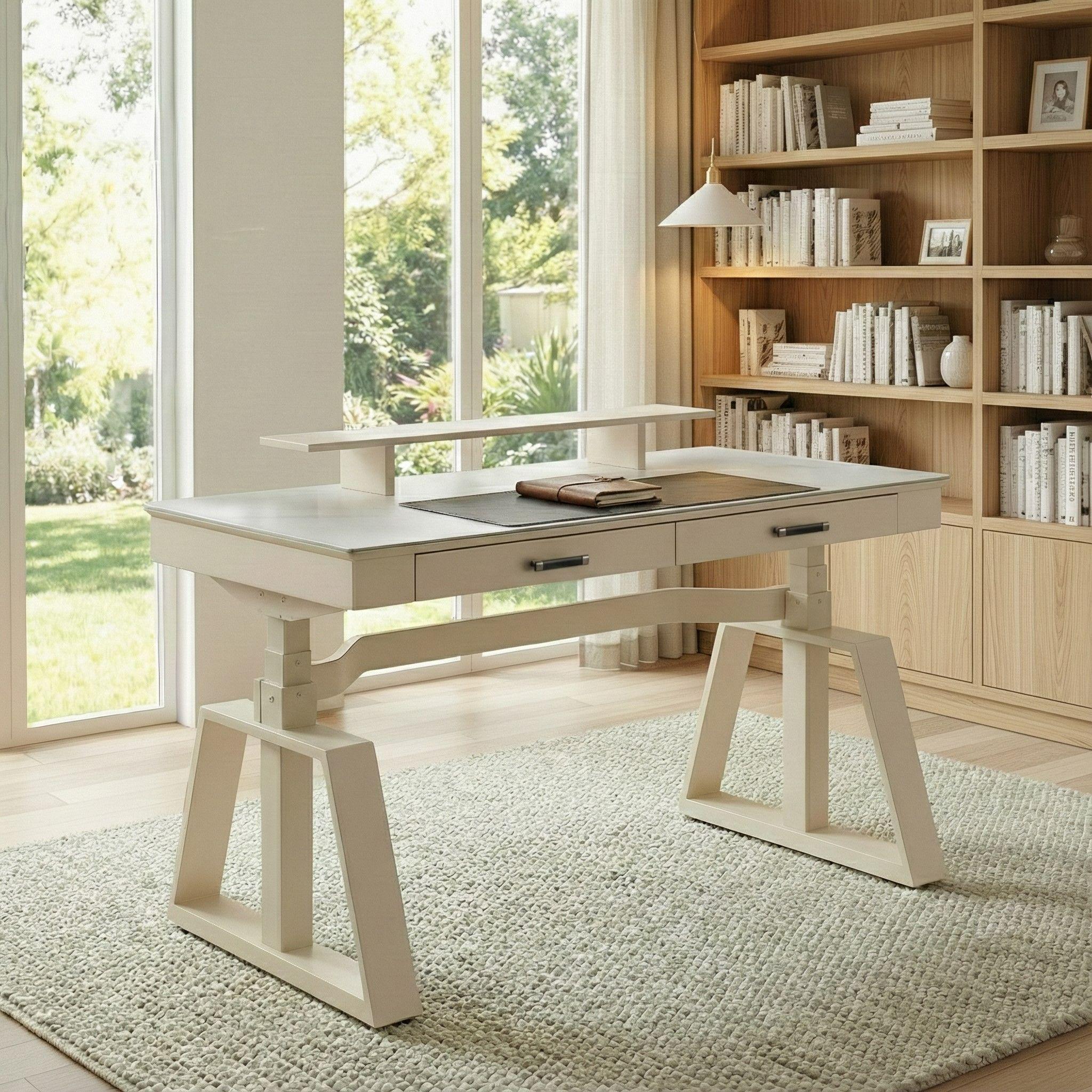 63x29 Executive Height Adjustable Standing Desk with Walnut Desktop and Drawers
