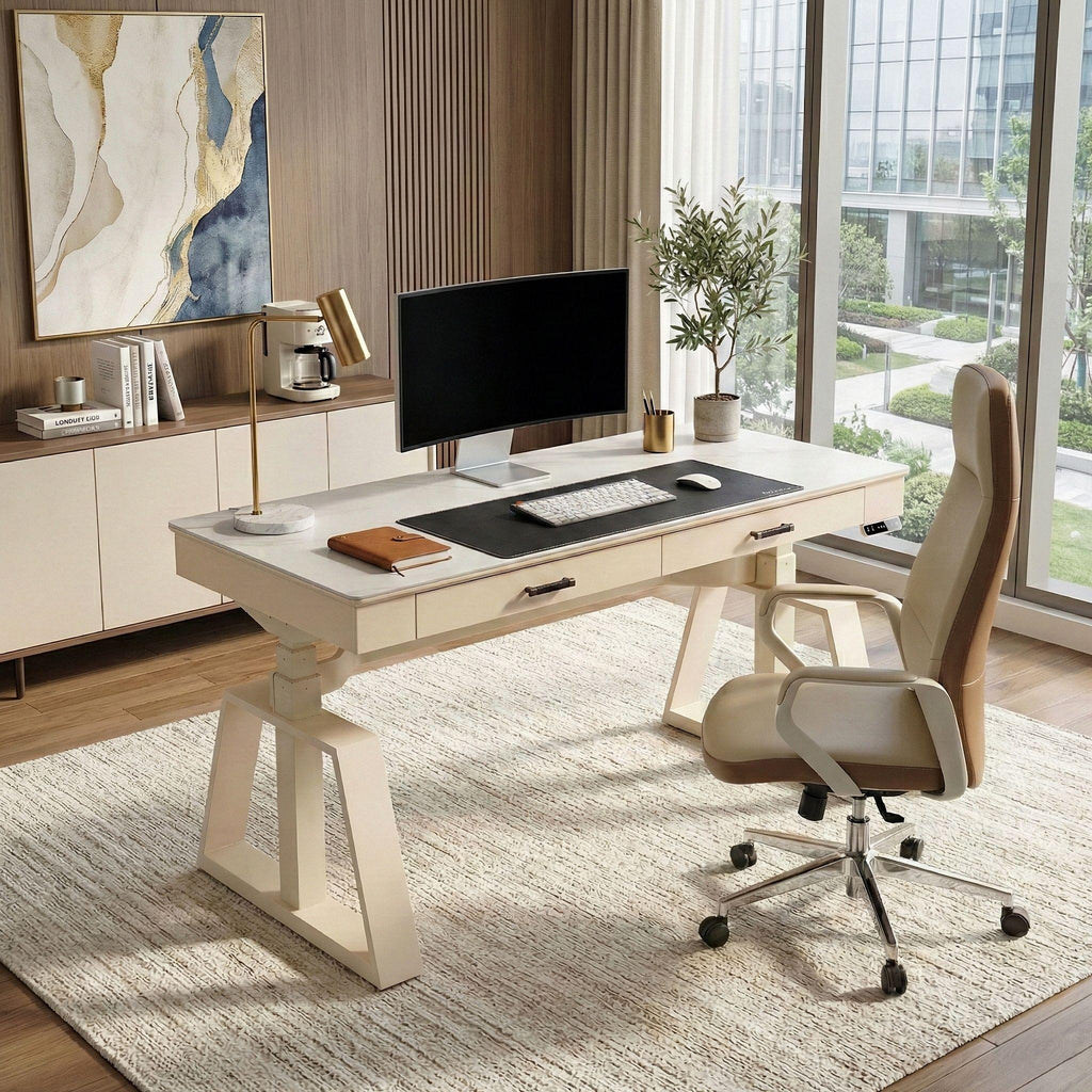 63x29 Executive Height Adjustable Standing Desk with Walnut Desktop and Drawers