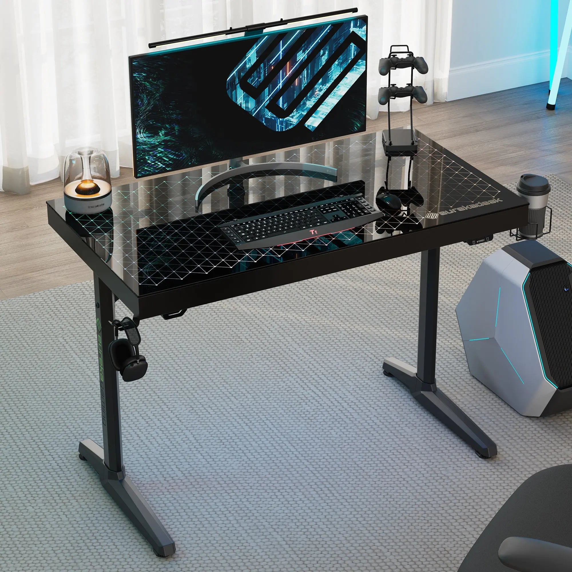 47'' Gaming Desk with Monitor Stand and Cup Holder, Black