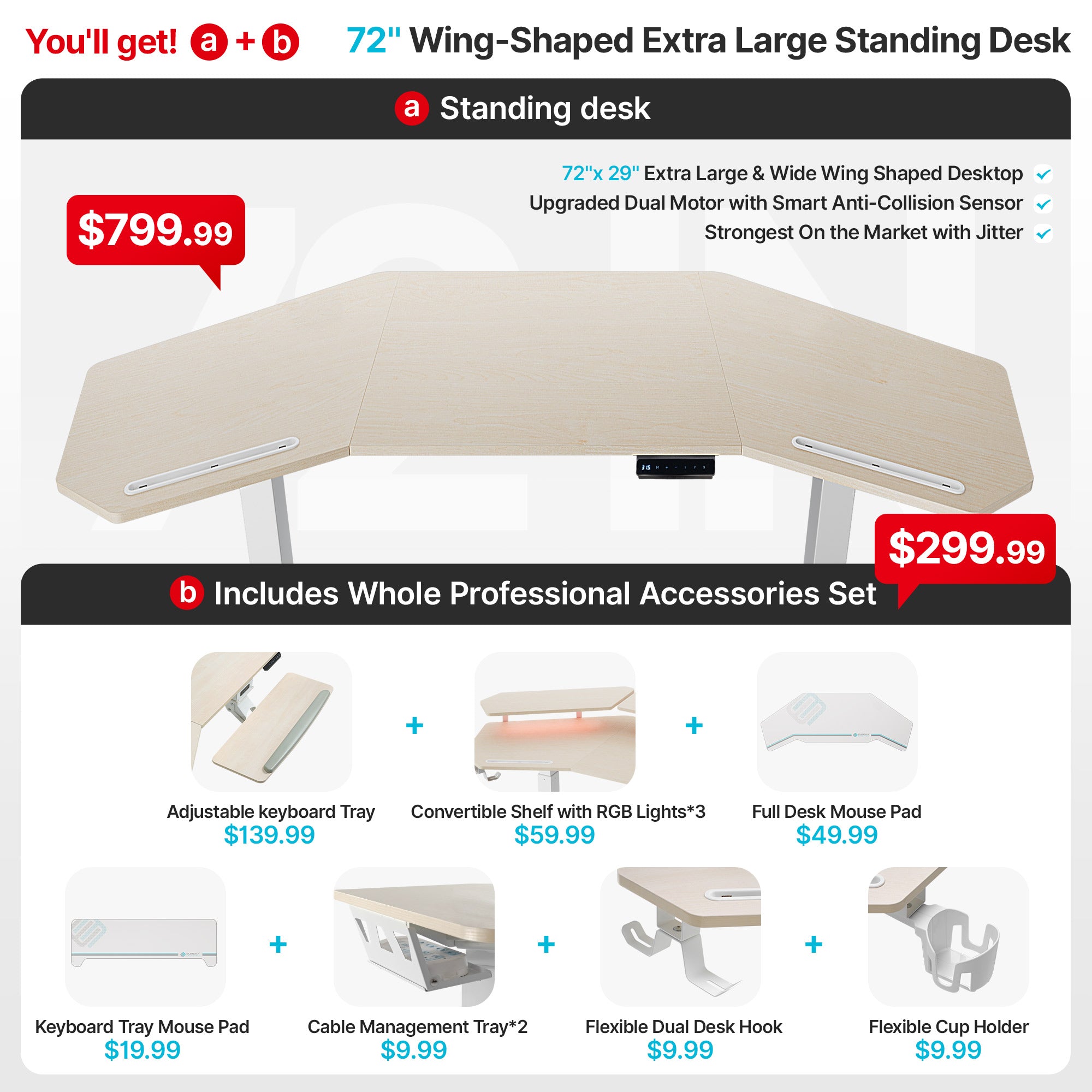 Wing-Shaped Standing Desk (72x23)