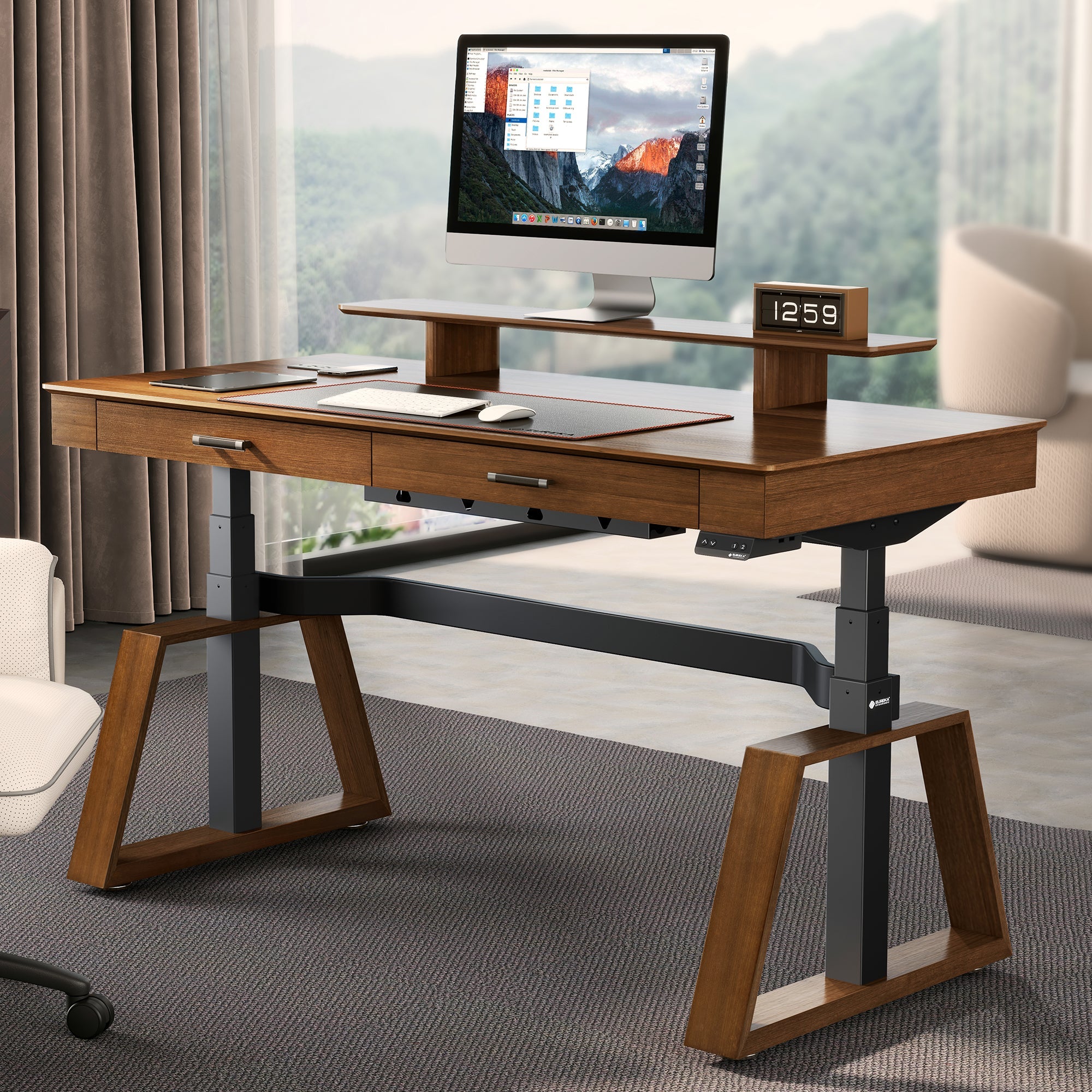 63x29 Executive Height Adjustable Standing Desk with Walnut Desktop and Drawers